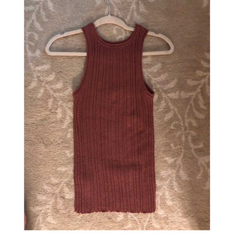 Anthropologie Knit High-Neck Fitted Tank Top, Dusty Red, Size: S